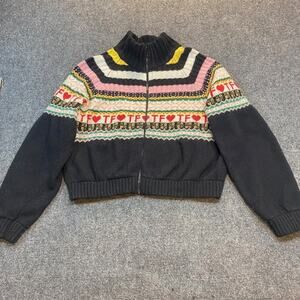 Teddy Fresh Fair Isle Merino Wool Womens XXL TF Hearts Zip Up Sweater